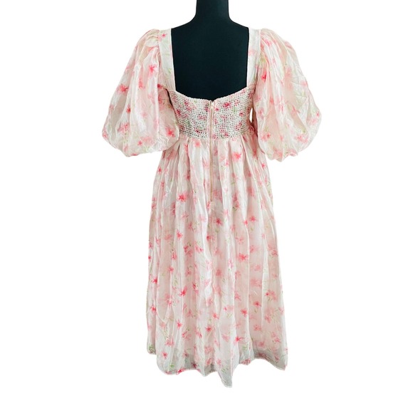 NWT Worth Collective Harlow Smocked Maxi Dress Puff Sleeve Pink Floral Chiffon S - Picture 6 of 12